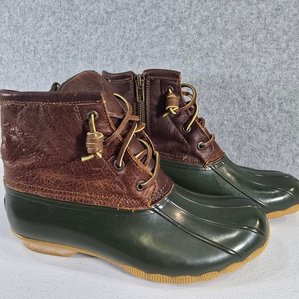 Sperry Saltwater Duck Boots Womens 6.5 Green Brown Leather Waterproof STS90998